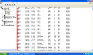 The Event viewer screen of Computer Administration showing a screen full of errors on Application